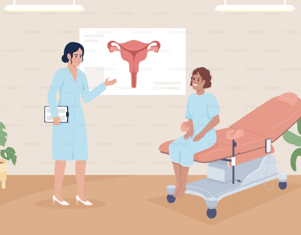 Ilustración de consulta ginecológica sobre DIU T de cobre, anticoncepción sin hormonas y asesoría personalizada.